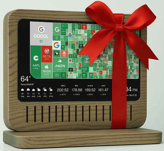 Wooden smart display wrapped as a gift on a table, 1200x1200 px.