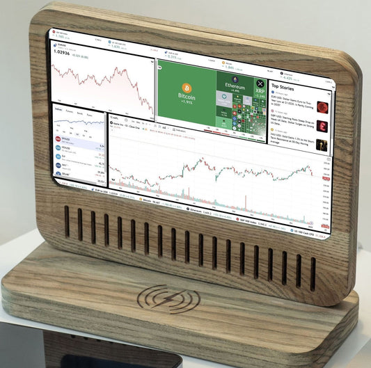 Wall-mounted screen showing live cryptocurrency prices