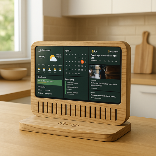 Realistic wooden smart display on a kitchen counter showing DAKBoard dashboard with weather and calendar, 1200x1200 px.