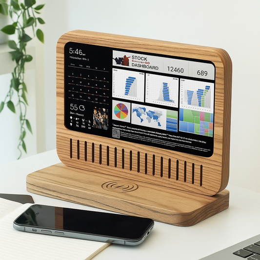 Wooden-framed smart display on a rustic wooden shelf showing DAKBoard, 1200x1200 px.