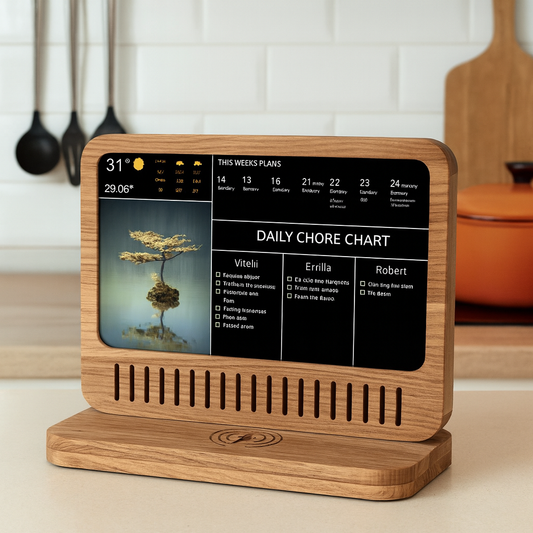 Wooden smart display in kitchen showing recipe instructions, 1200x1200 px.