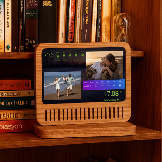 Wooden smart display on a work desk showing a task list and calendar, 1200x1200 px.