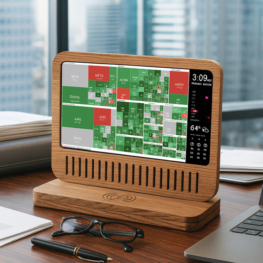 Smart display controlling lights and locks in a modern living room, 1200x1200 px.