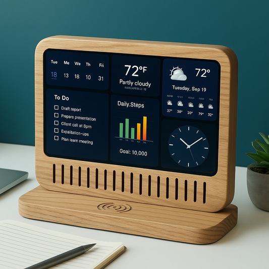 Smart display showing DAKBoard with mixed widgets (calendar, weather, news), 1200x1200 px.