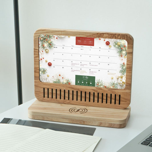 Handmade wood smart display showing Google calendar