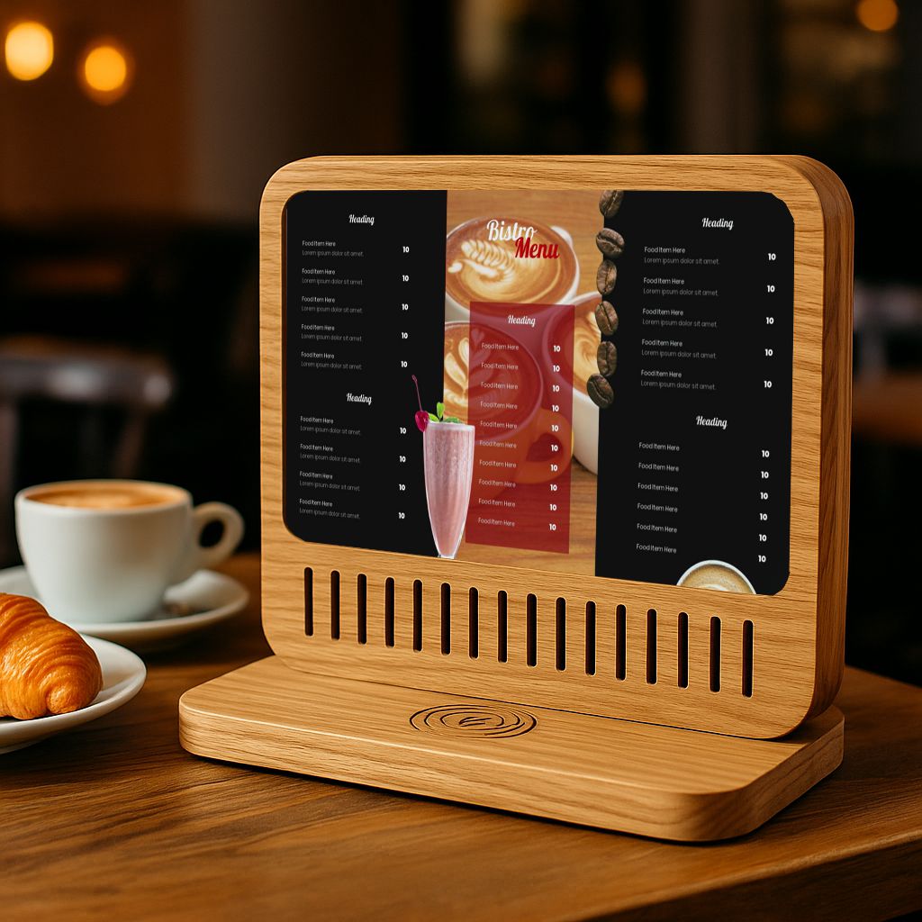 A wooden smart display on a restaurant table showing a chef’s special promotion via Yodeck software, with a phone charging wirelessly at its base.