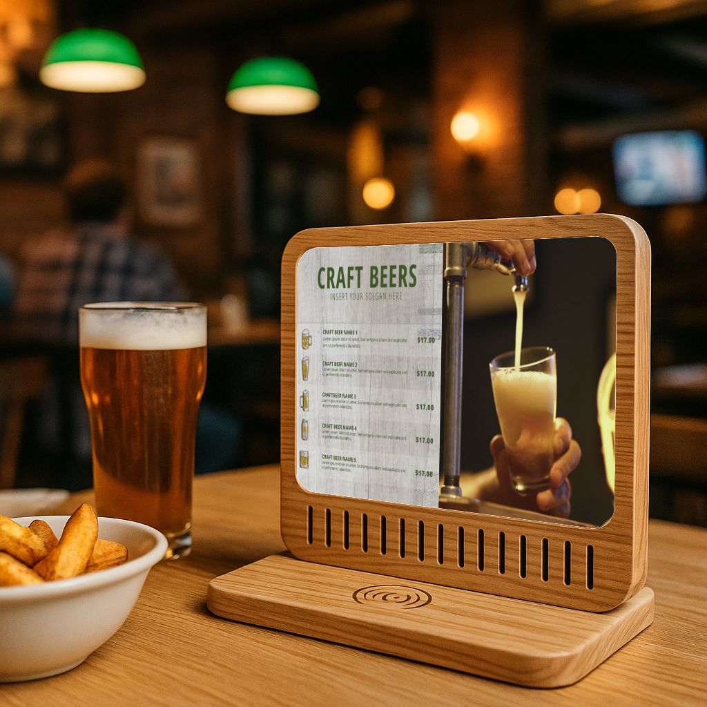 A natural wood smart display on a restaurant table, blending innovative design with digital signage to enhance both décor and customer engagement.