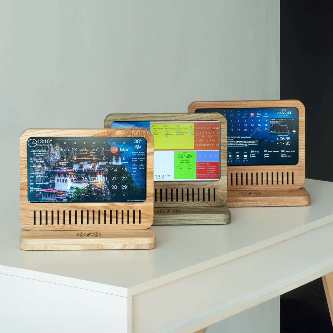 DAKBoard on table with clock and photo gallery