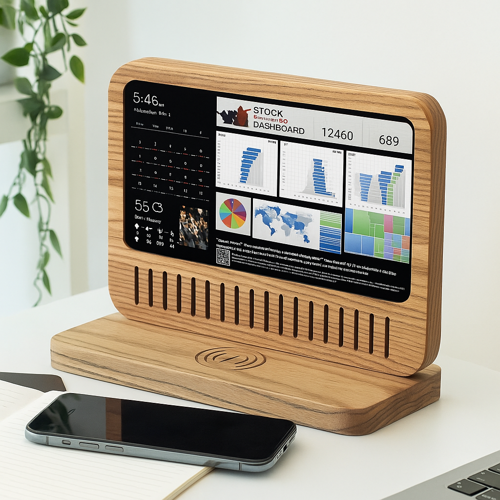 Wooden-framed smart display on a rustic wooden shelf showing DAKBoard, 1200x1200 px.