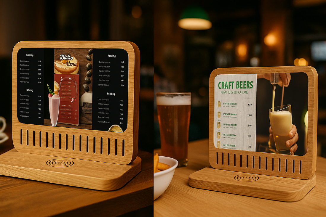 A wooden smart Wi-Fi display on a restaurant table showing Yodeck-powered promotions, surrounded by meals and guests, representing a modern marketing solution.