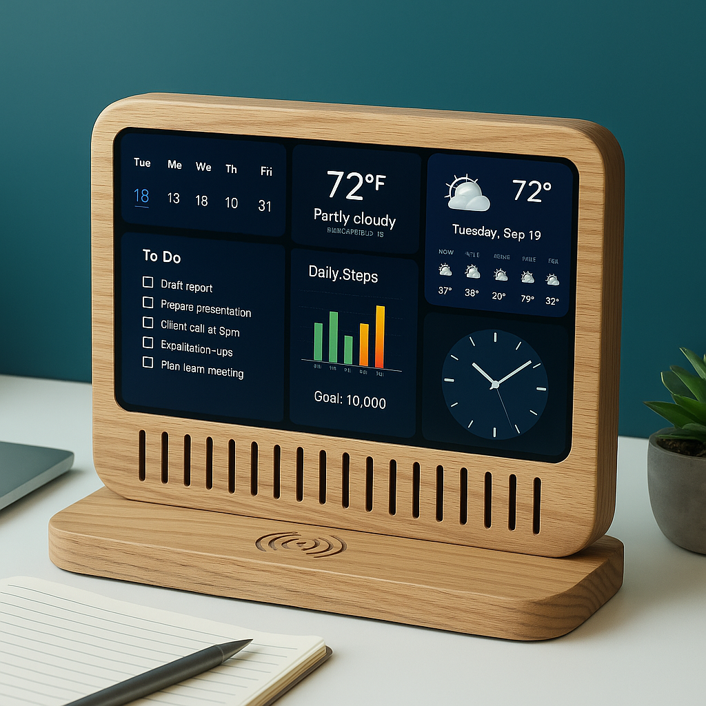 Smart display showing DAKBoard with mixed widgets (calendar, weather, news), 1200x1200 px.