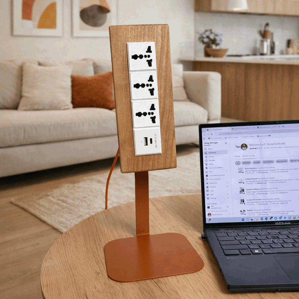 Wooden Desk Power Strip on 400mm Metal Stand with USB-C