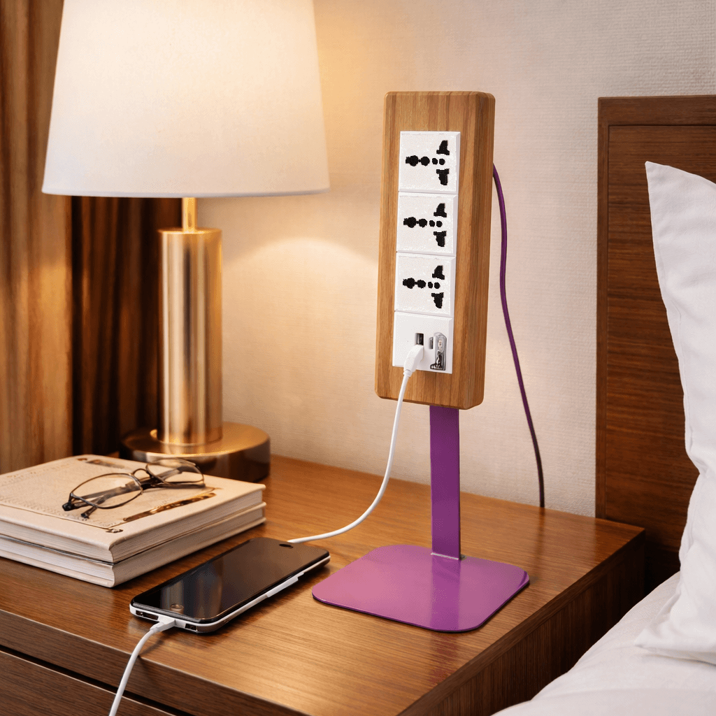 Wooden Desk Power Strip on 400mm Metal Stand with USB-C