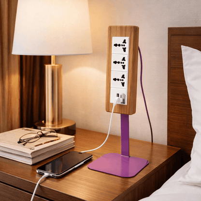 Wooden Desk Power Strip on 400mm Metal Stand with USB-C