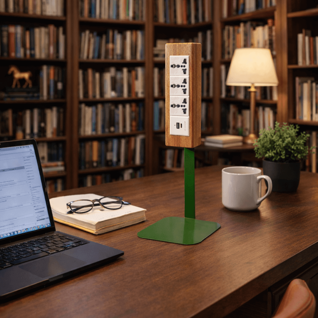 Wooden Desk Power Strip on 400mm Metal Stand with USB-C