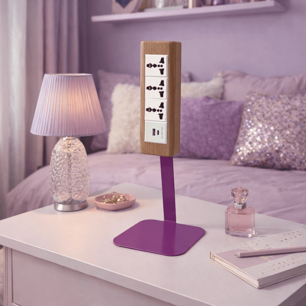 Wooden Desk Power Strip on 400mm Metal Stand with USB-C
