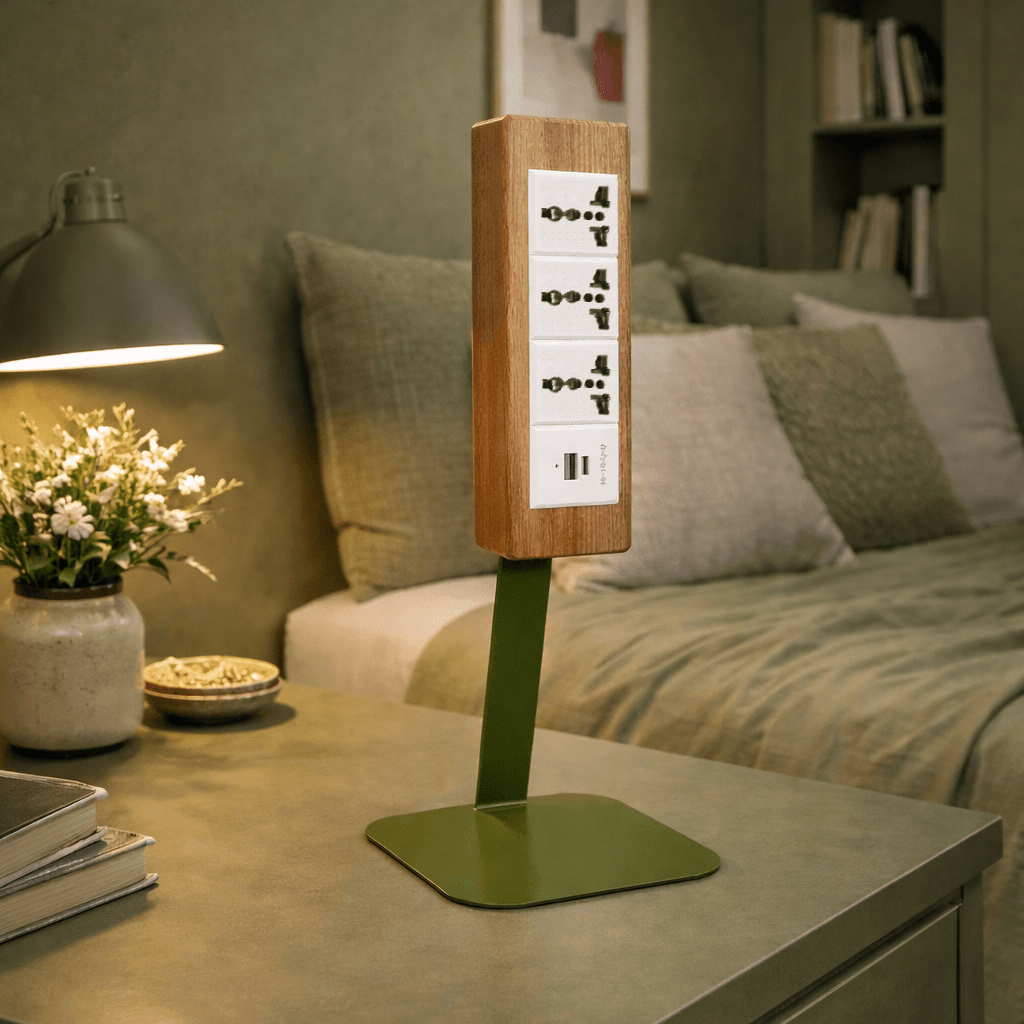 Wooden Desk Power Strip on 400mm Metal Stand with USB-C