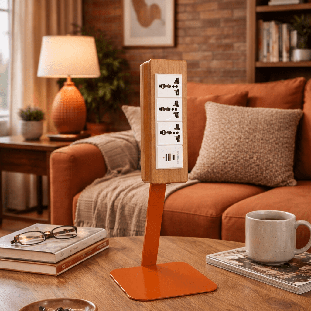 Wooden Desk Power Strip on 400mm Metal Stand with USB-C