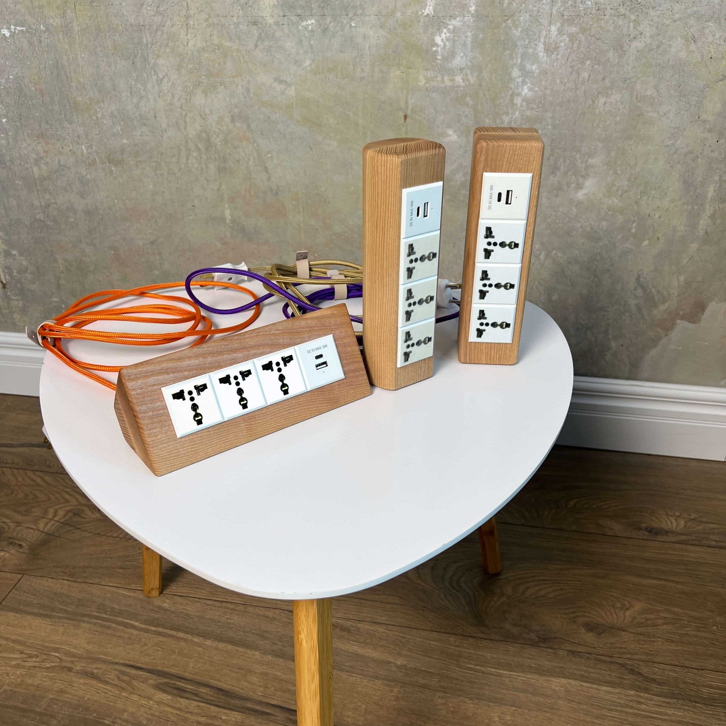 Wooden Desk Power Strip with USB-C, Handmade Ash Wood Extension for Modern Workspaces