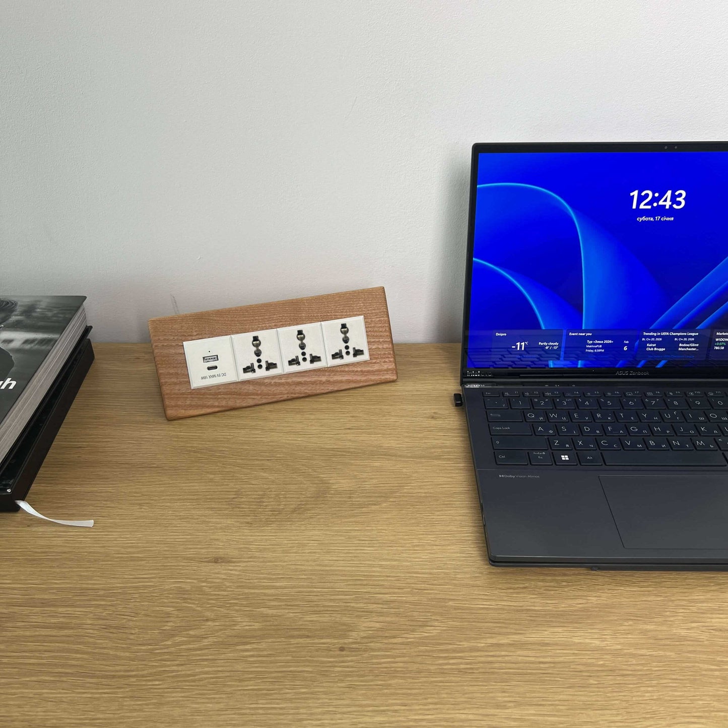 Wooden Desk Power Strip with USB-C, Handmade Ash Wood Extension for Modern Workspaces