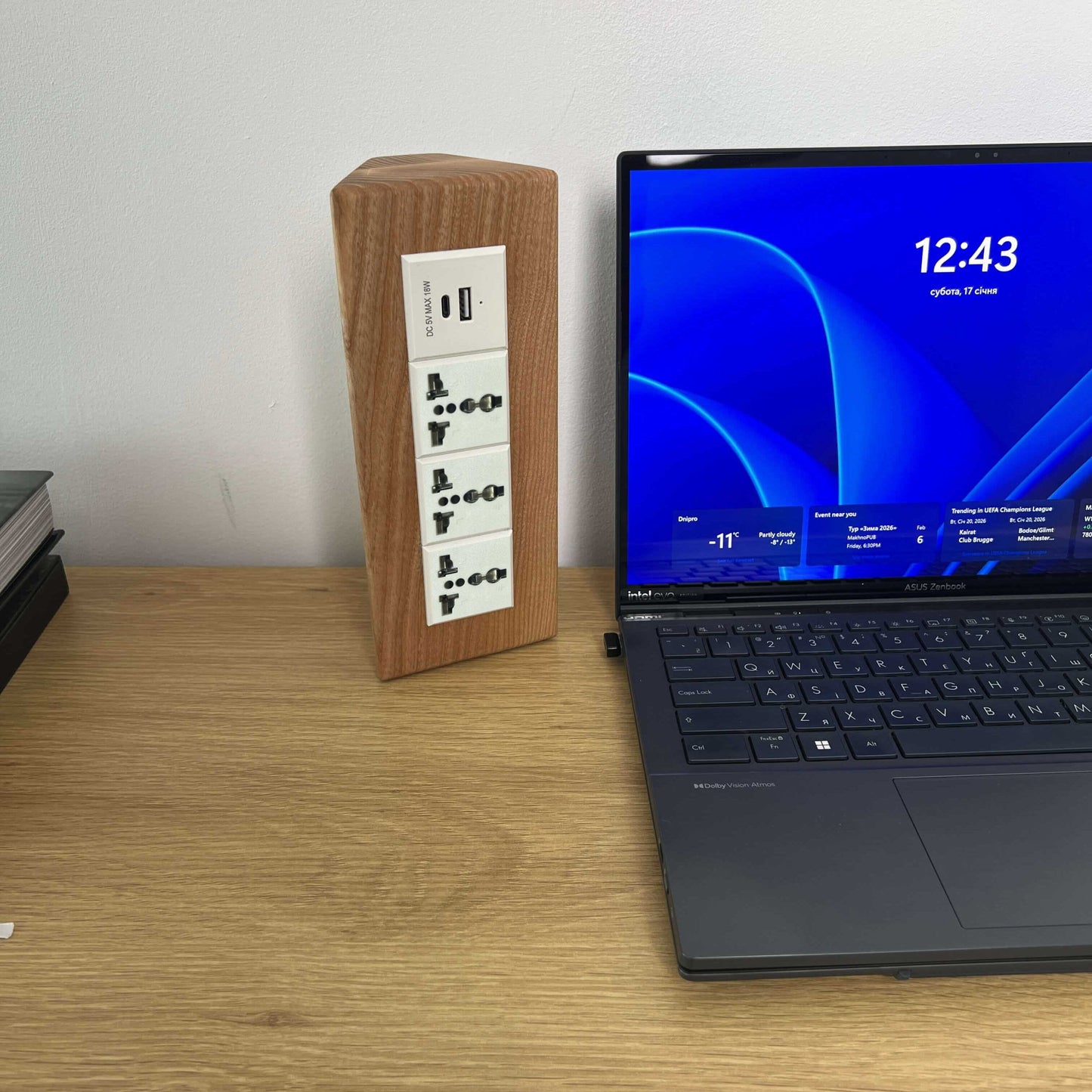 Wooden Desk Power Strip with USB-C, Handmade Ash Wood Extension for Modern Workspaces