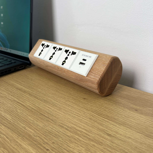 Wooden Desk Power Strip with USB-C, Handmade Ash Wood Extension for Modern Workspaces