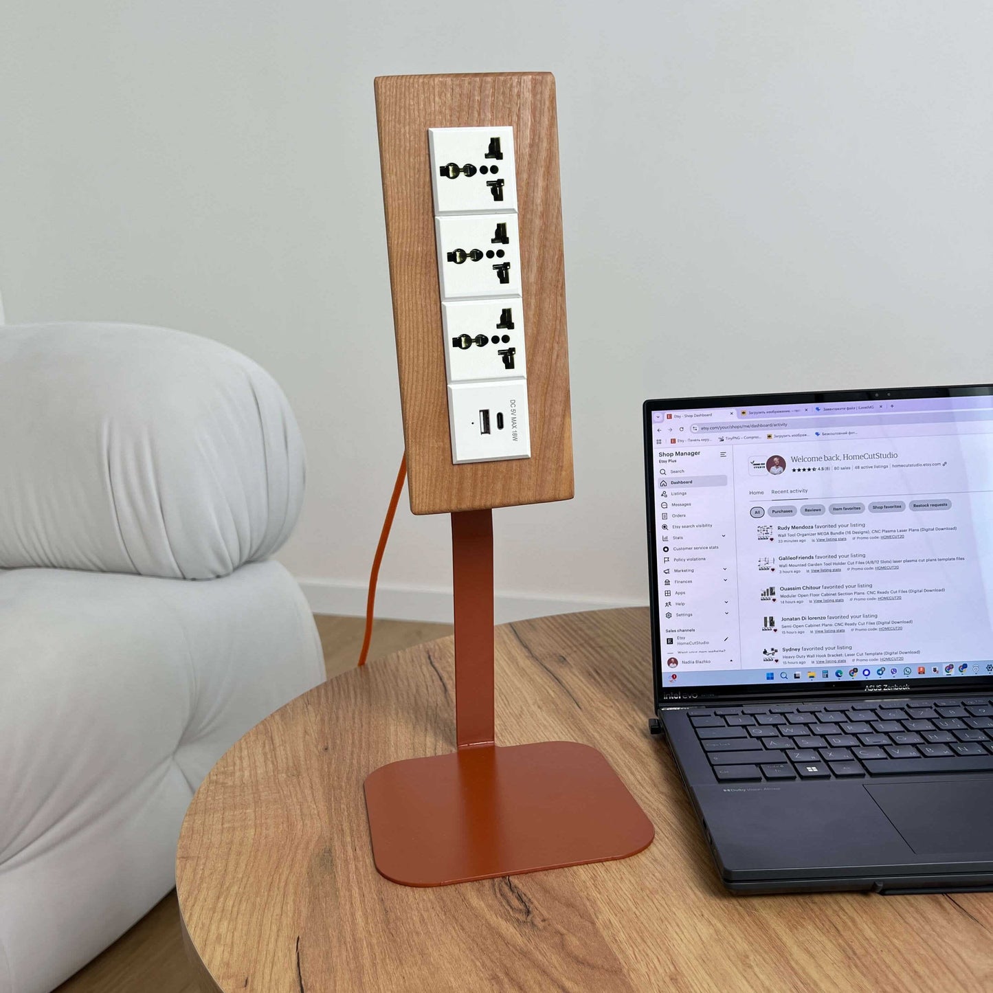 Wooden Desk Power Strip on 400mm Metal Stand with USB-C