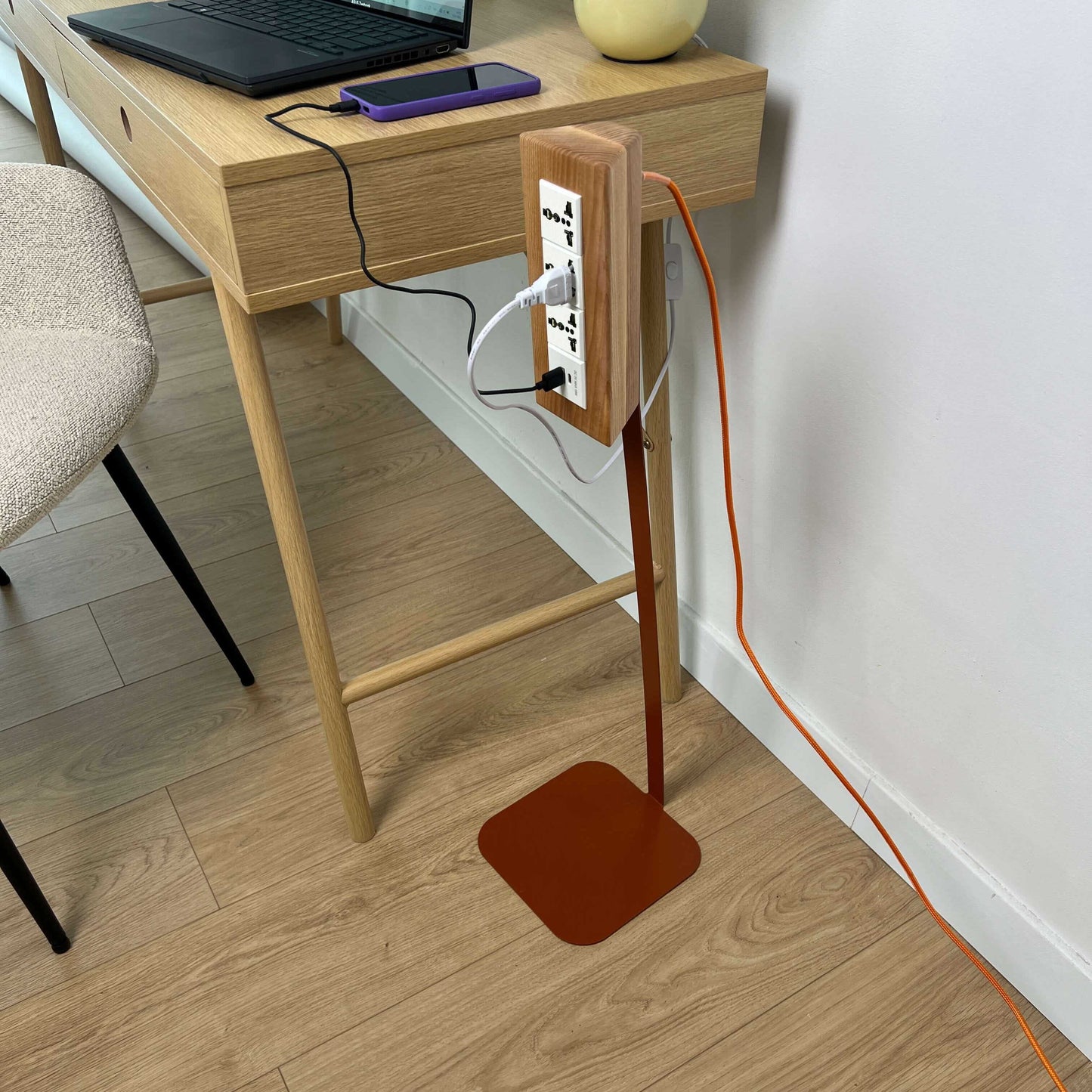 Wooden Desk Power Strip on 800mm Metal Stand with USB-C